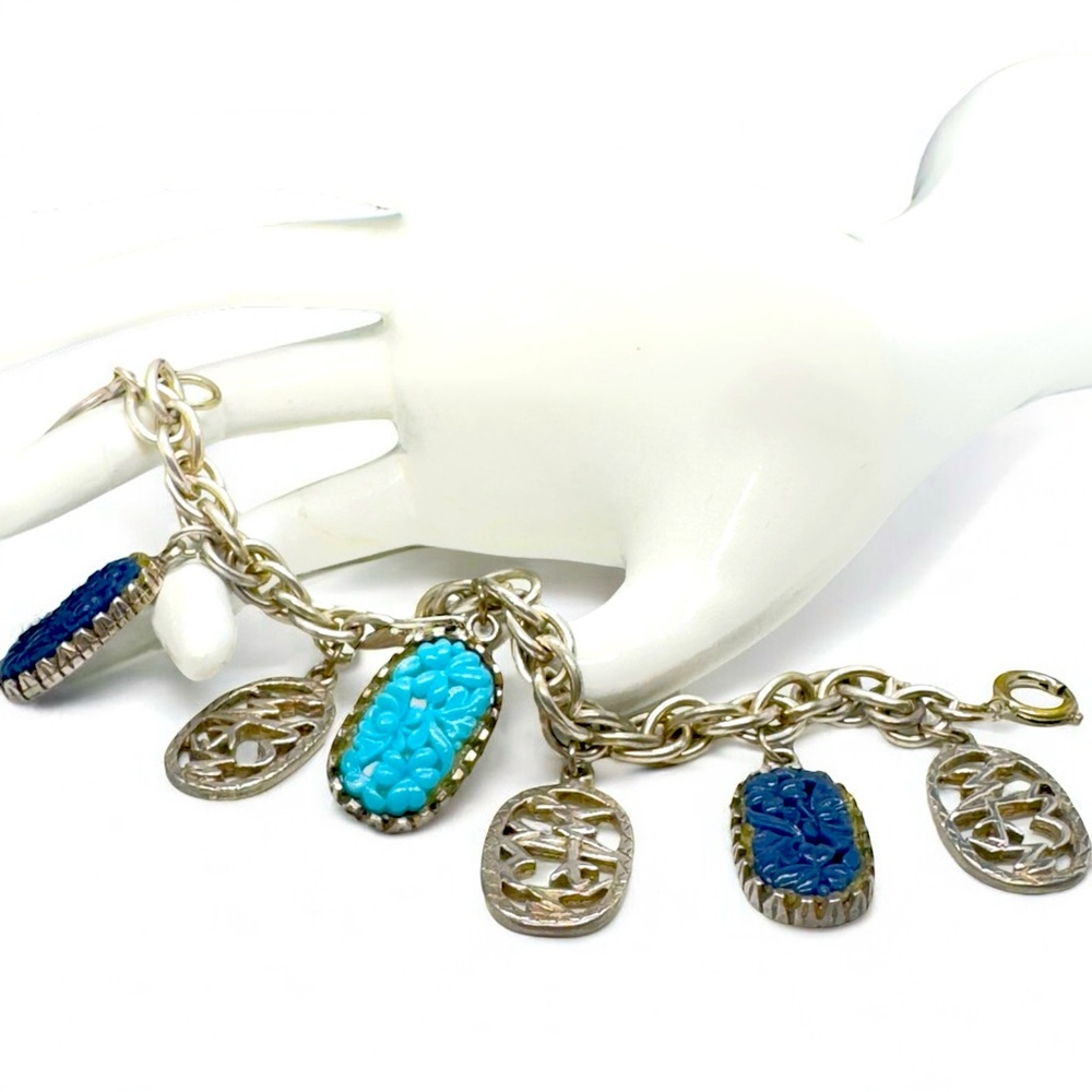Vintage Germany Molded Floral Glass & Silver Tone Asian Charm Bracelet